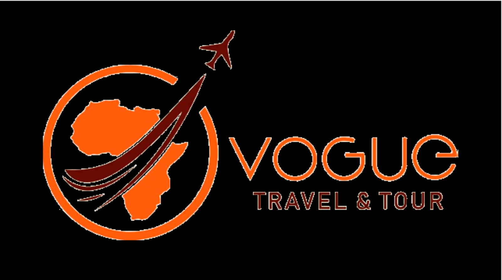 Logo of vogue travel & tour featuring an airplane and stylized representation of the african continent.